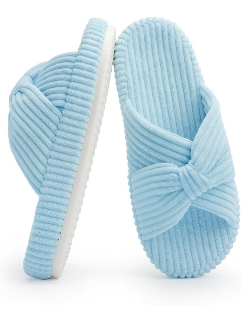 Women's Light Blue Memory Foam House Corduroy Bow Crossbands Comfy Slipper Shoes